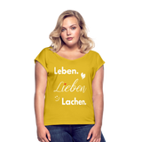 3L - Frauen T-Shirt mit gerollten Ärmeln - Senfgelb