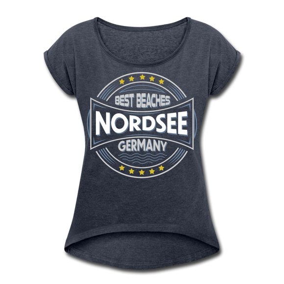 Nordsee Beaches - Frauen T-Shirt mit gerollten Ärmeln - Navy meliert