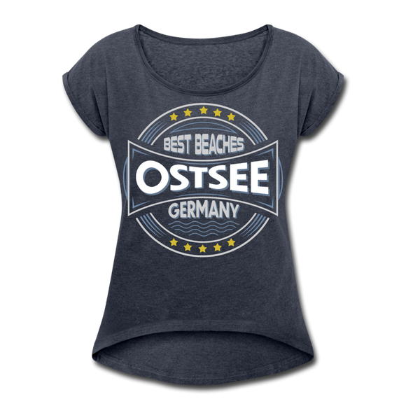 Ostsee Beaches - Frauen T-Shirt mit gerollten Ärmeln - Navy meliert