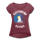 Küstenkind Ostsee - Frauen T-Shirt mit gerollten Ärmeln - Bordeauxrot meliert