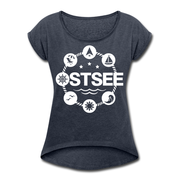 Ostsee Symbole - Frauen T-Shirt mit gerollten Ärmeln - Navy meliert