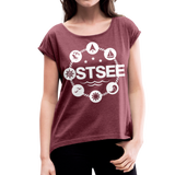 Ostsee Symbole - Frauen T-Shirt mit gerollten Ärmeln - Bordeauxrot meliert