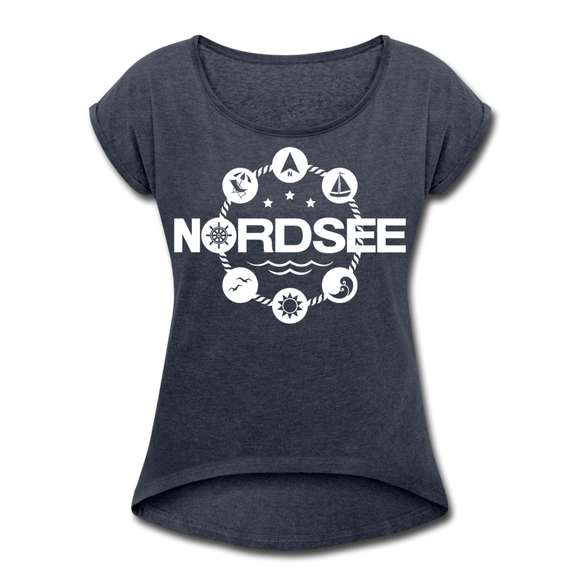 Nordsee Symbole - Frauen T-Shirt mit gerollten Ärmeln - Navy meliert