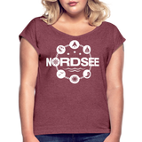 Nordsee Symbole - Frauen T-Shirt mit gerollten Ärmeln - Bordeauxrot meliert