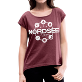 Nordsee Symbole - Frauen T-Shirt mit gerollten Ärmeln - Bordeauxrot meliert