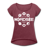 Nordsee Symbole - Frauen T-Shirt mit gerollten Ärmeln - Bordeauxrot meliert