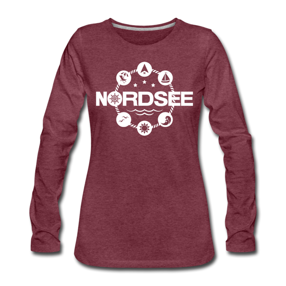 Nordsee Symbole - Frauen Premium Langarmshirt - Bordeauxrot meliert