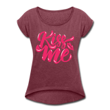 Kiss me fonts - Frauen T-Shirt mit gerollten Ärmeln - Bordeauxrot meliert