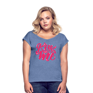 Kiss me fonts - Frauen T-Shirt mit gerollten Ärmeln - Navy meliert