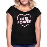 Girl Power - Frauen T-Shirt mit gerollten Ärmeln - Schwarz