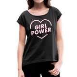 Girl Power - Frauen T-Shirt mit gerollten Ärmeln - Schwarz meliert