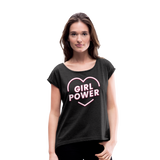 Girl Power - Frauen T-Shirt mit gerollten Ärmeln - Schwarz meliert