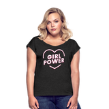 Girl Power - Frauen T-Shirt mit gerollten Ärmeln - Schwarz meliert