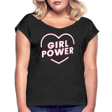 Girl Power - Frauen T-Shirt mit gerollten Ärmeln - Schwarz meliert