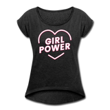 Girl Power - Frauen T-Shirt mit gerollten Ärmeln - Schwarz meliert