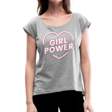 Girl Power - Frauen T-Shirt mit gerollten Ärmeln - Grau meliert