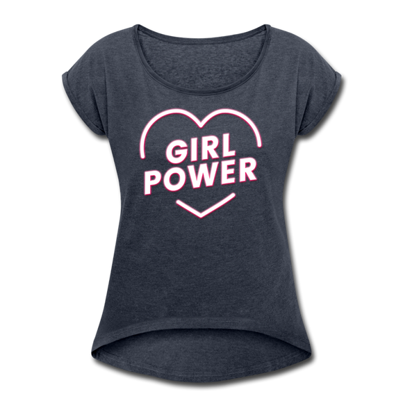 Girl Power - Frauen T-Shirt mit gerollten Ärmeln - Navy meliert