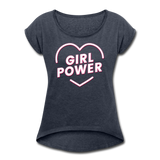 Girl Power - Frauen T-Shirt mit gerollten Ärmeln - Navy meliert