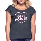 Girl Power - Frauen T-Shirt mit gerollten Ärmeln - Navy meliert