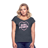 Girl Power - Frauen T-Shirt mit gerollten Ärmeln - Navy meliert