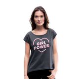 Girl Power - Frauen T-Shirt mit gerollten Ärmeln - Navy meliert