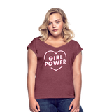 Girl Power - Frauen T-Shirt mit gerollten Ärmeln - Bordeauxrot meliert