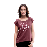 Girl Power - Frauen T-Shirt mit gerollten Ärmeln - Bordeauxrot meliert