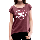 Girl Power - Frauen T-Shirt mit gerollten Ärmeln - Bordeauxrot meliert