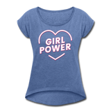 Girl Power - Frauen T-Shirt mit gerollten Ärmeln - Denim meliert