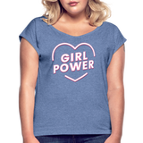 Girl Power - Frauen T-Shirt mit gerollten Ärmeln - Denim meliert