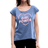 Girl Power - Frauen T-Shirt mit gerollten Ärmeln - Denim meliert