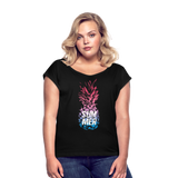 Pineapple - Frauen T-Shirt mit gerollten Ärmeln - Schwarz